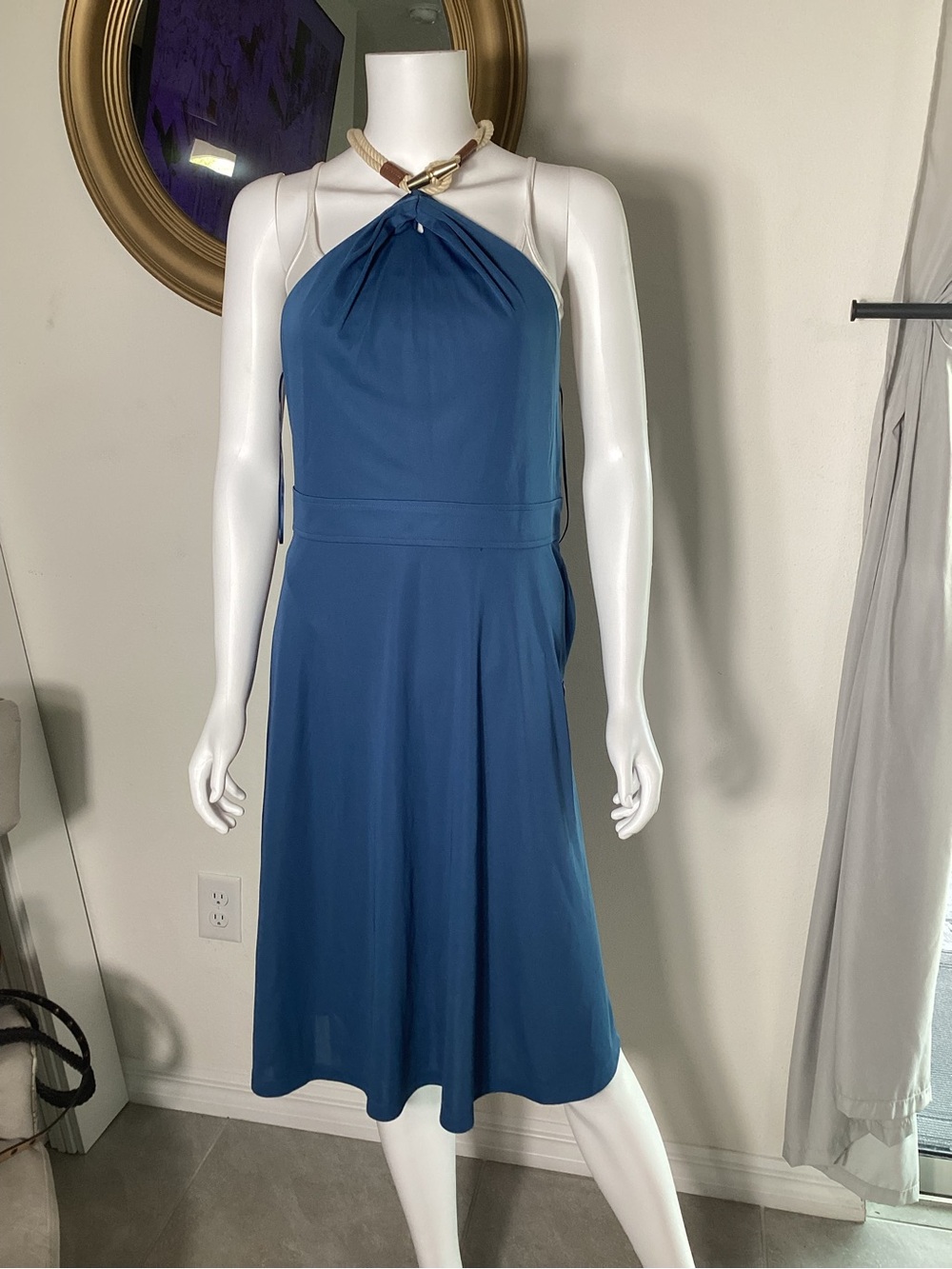 Lauren Ralph Lauren Teal Halter Midi Dress with Gold Neck Ring size 4 NWT